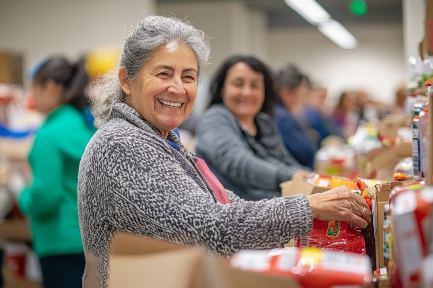 Dedicated community volunteers are seen organizing food supplies at a local food bank sharing smiles in a welcoming indoor space filled with warm lighting